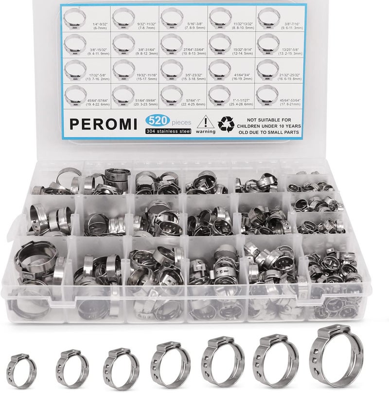 PEROMI 520 Pcs PEX Cinch clamps Ring, 20 Sizes 1/4-1 Inch Stainless Steel Single Ear Stepless Hose Clamps Assortment Kit for Water Pipe, Plumbing and Automotive Use - Image 1